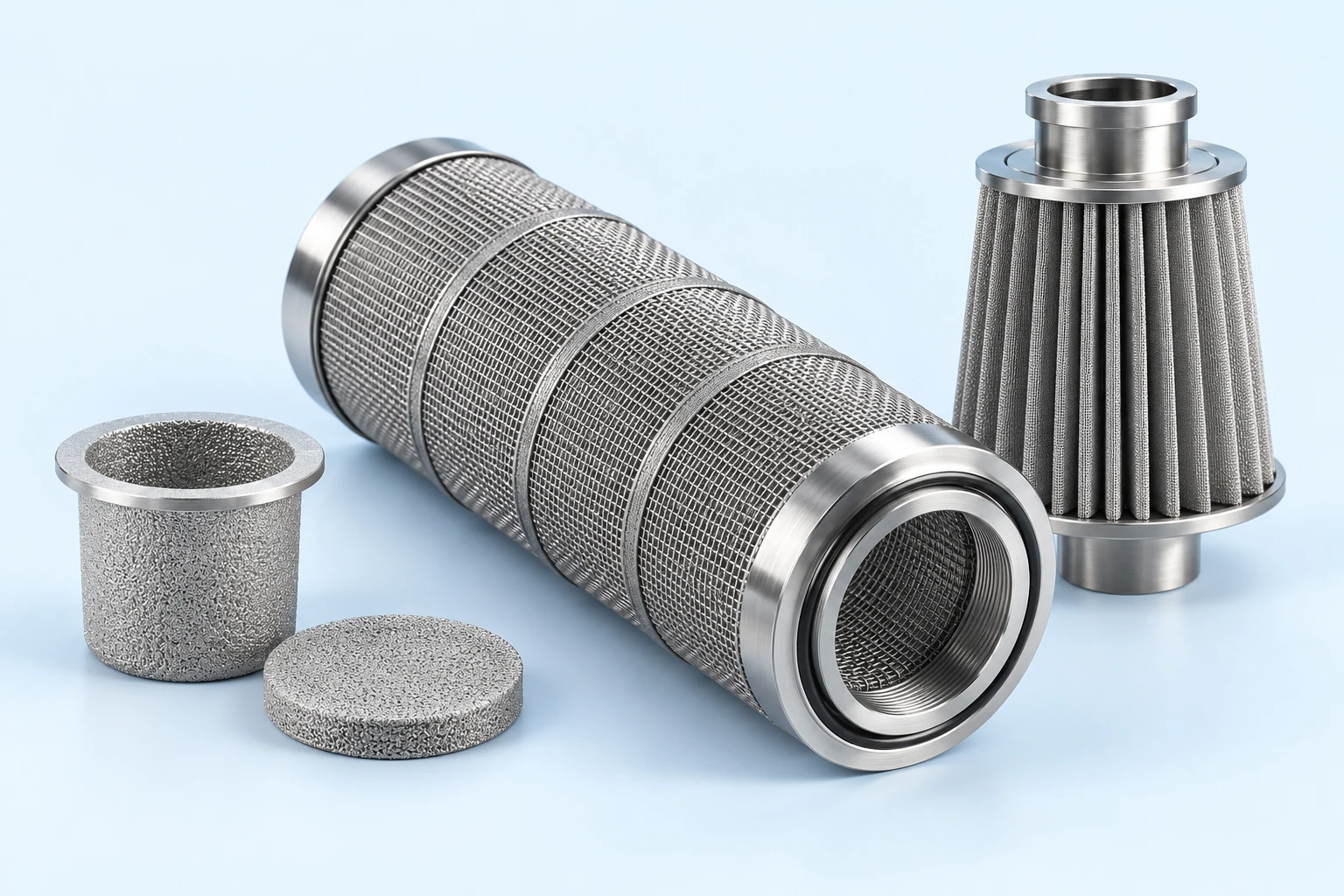 Metal mesh, porous powder and pleated metal filter structures on a pale blue field