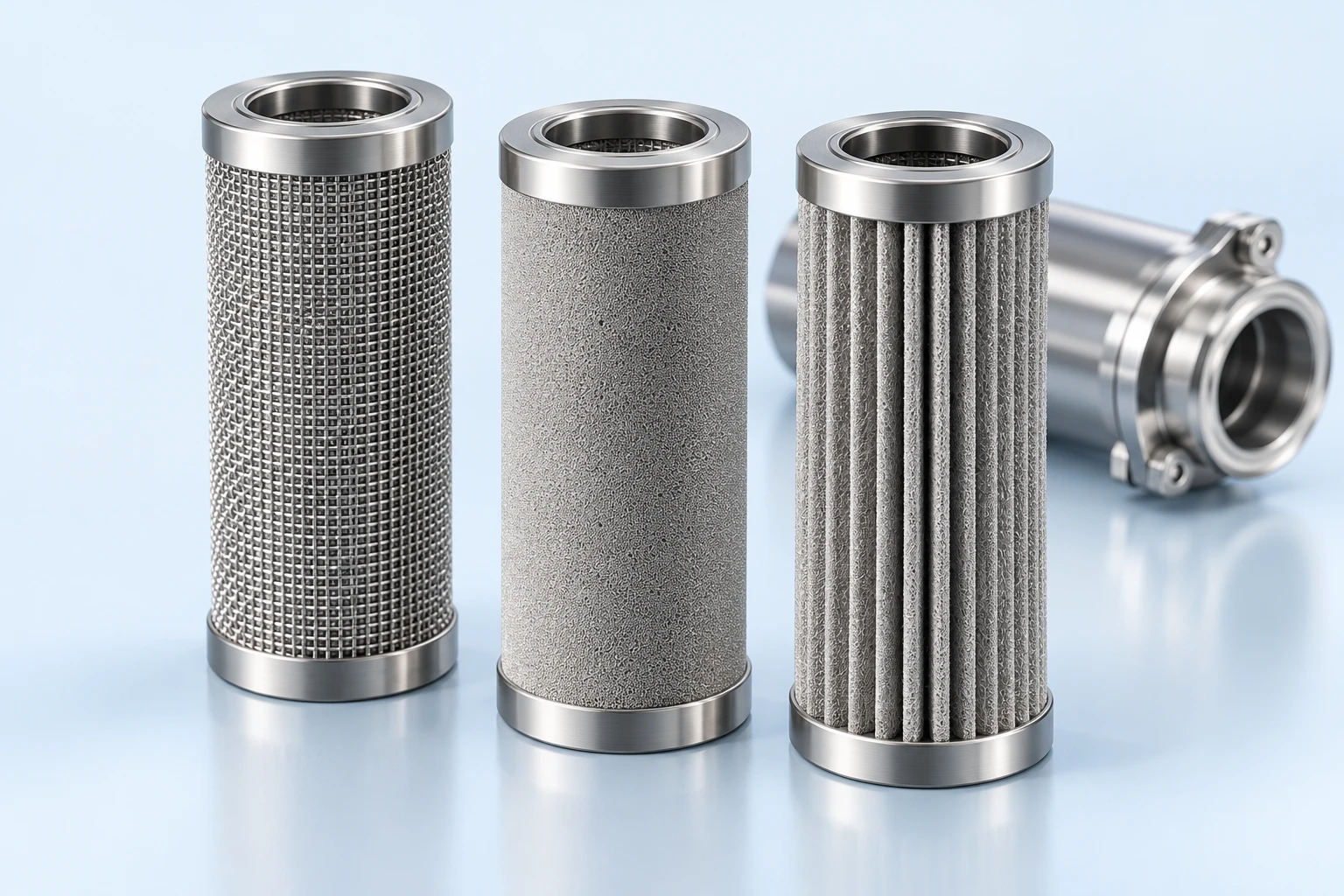 Woven metal mesh, porous sintered metal powder and pleated metal fiber elements with visible end interfaces and a housing in the background