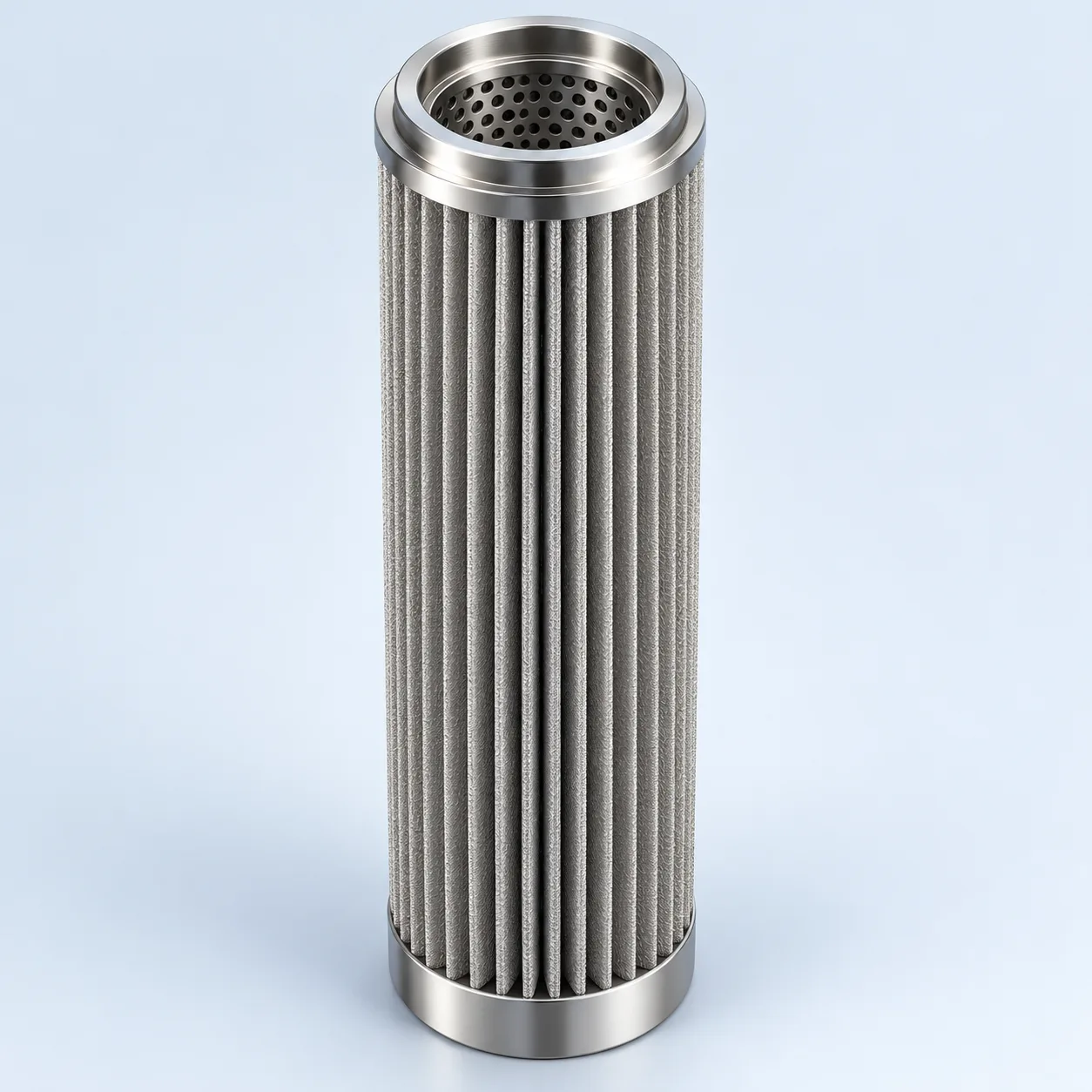 Pleated metal-fiber candle with an internal support, open upper bore and closed lower end.