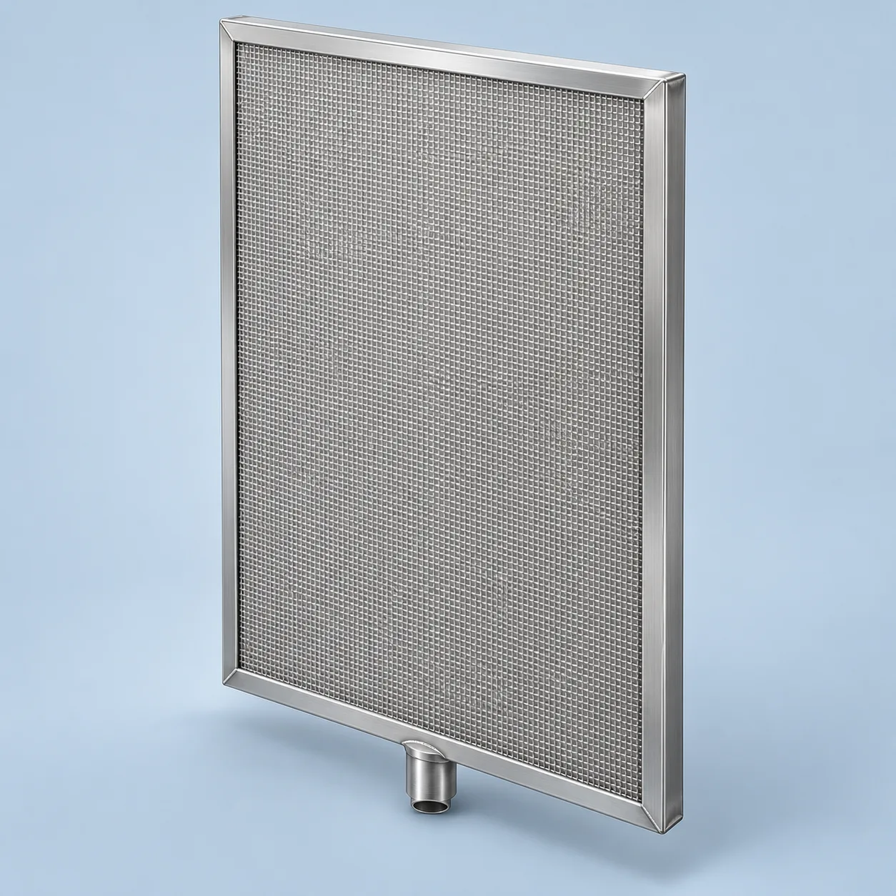 Rectangular framed mesh filter leaf with a lower filtrate collection connection.