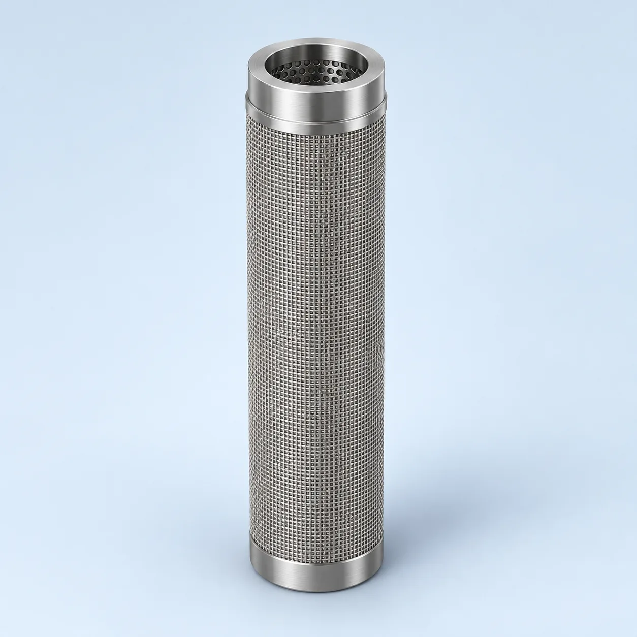 Supported-mesh water-filter cartridge with an open upper bore and closed lower end.