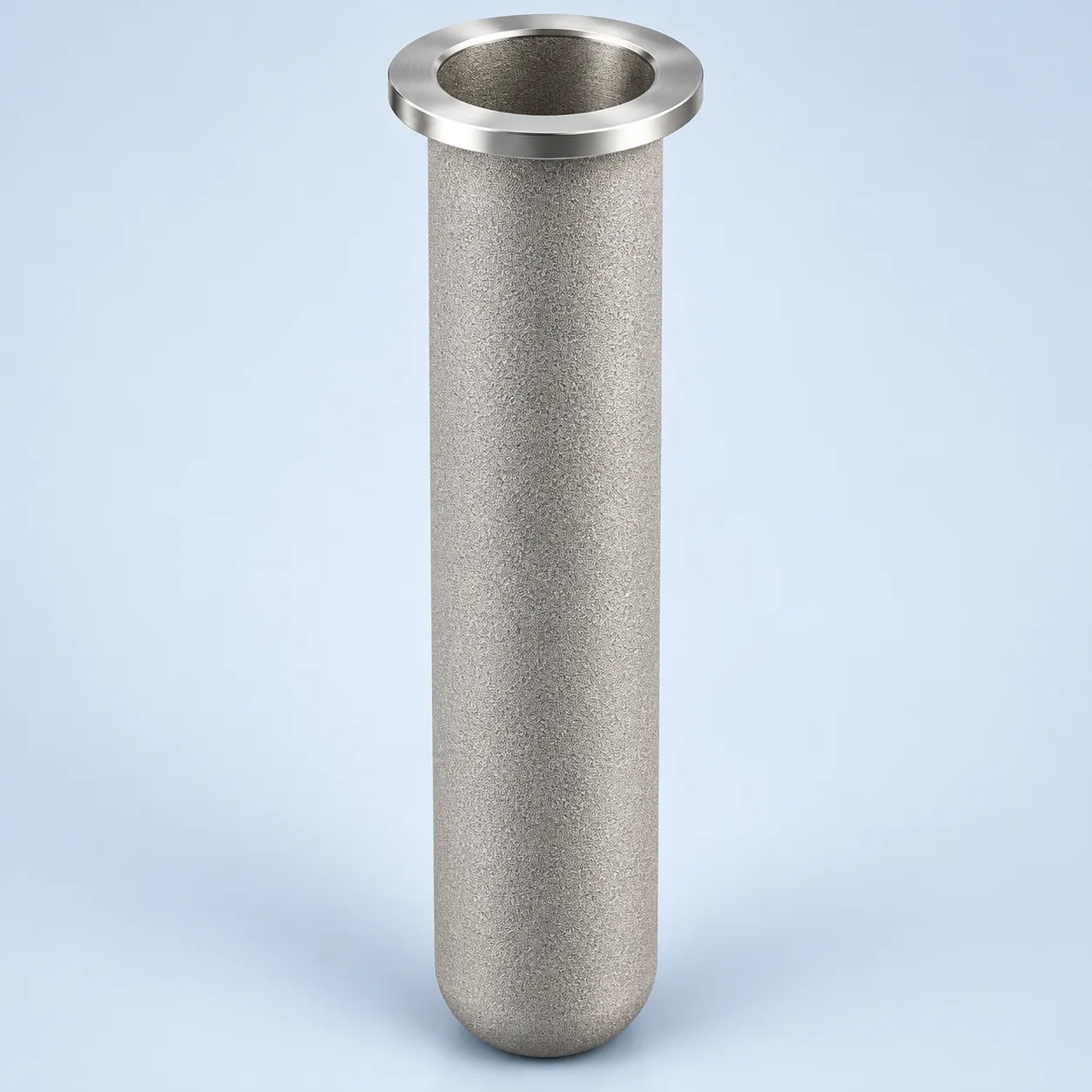 Rigid porous-metal candle with an open mounting flange and closed lower end.