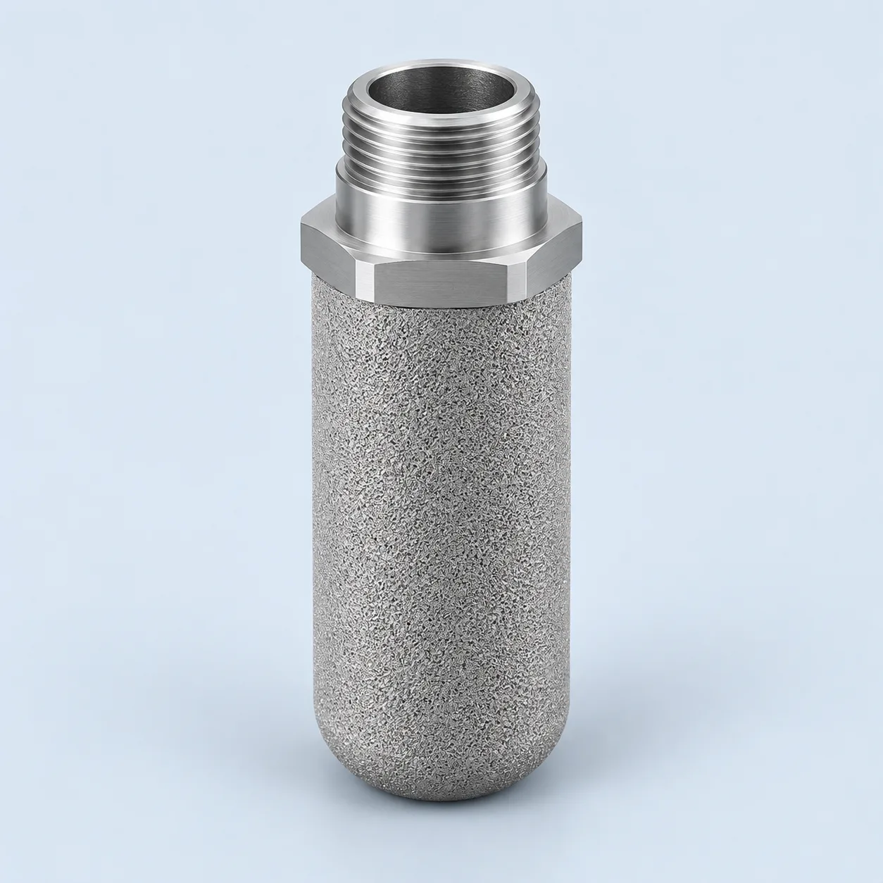 Short porous-metal gas-filter element with an open connection and a closed base.