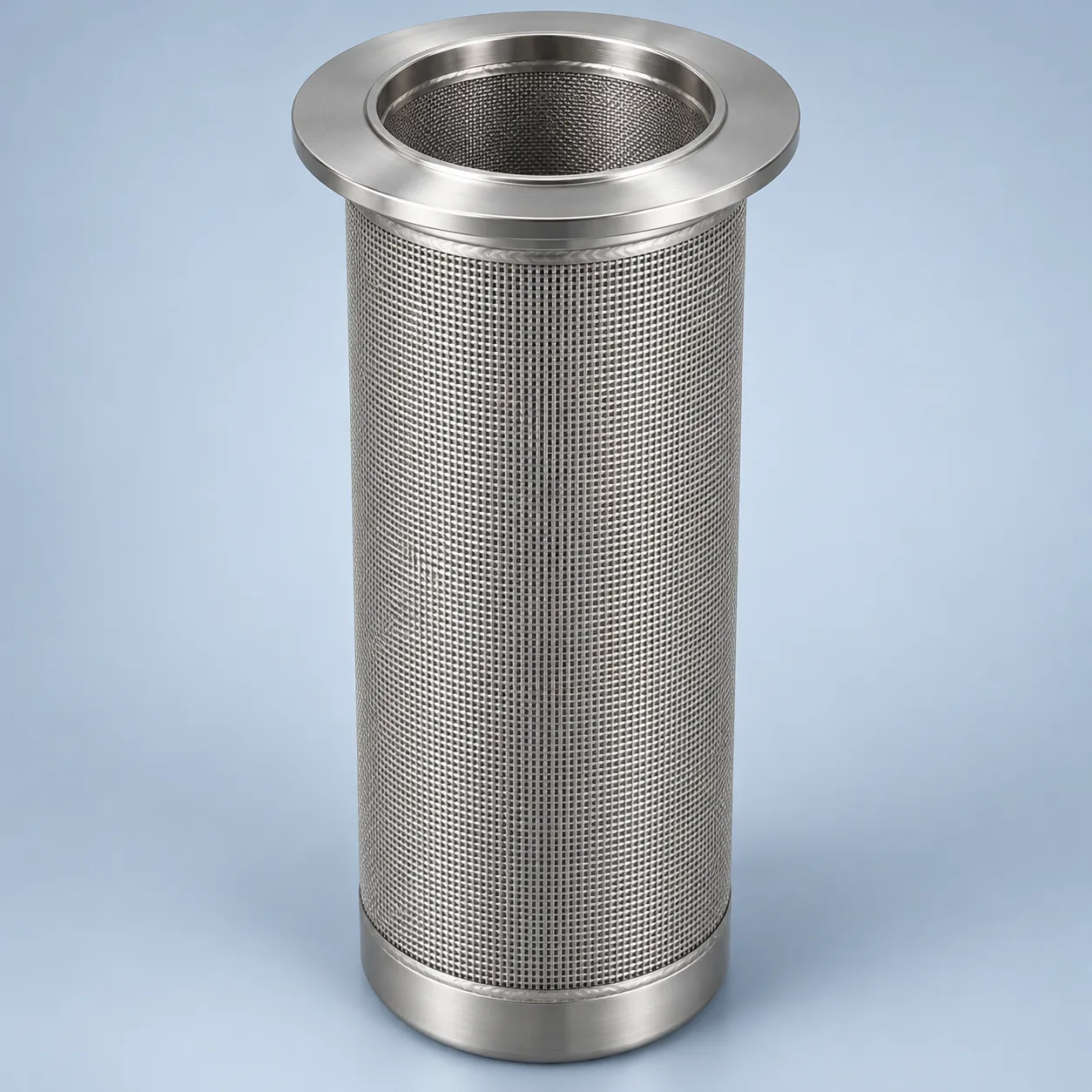 Supported-mesh cartridge with an open upper mounting end and a closed lower end.