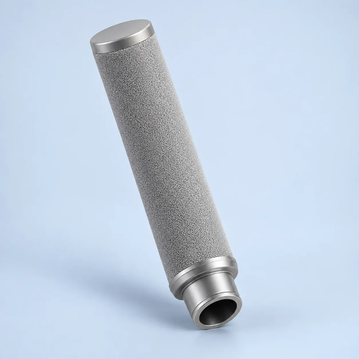 Porous titanium candle with a closed upper end and an open lower collection connection.