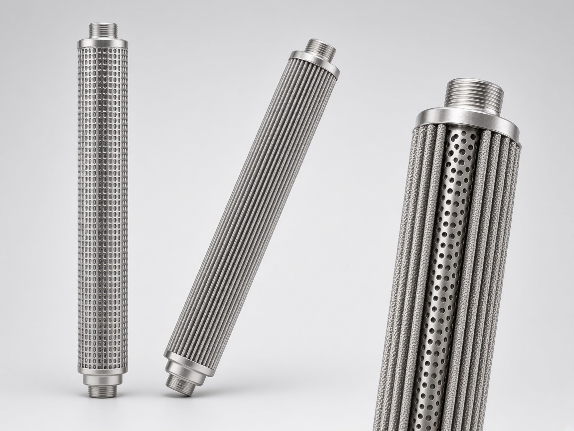 Pleated sintered metal fibre filter candles with perforated guard and core