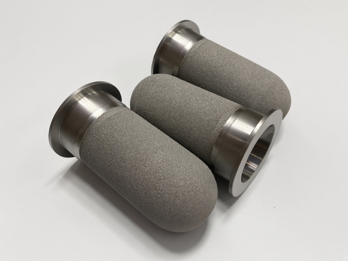 Sintered titanium powder filter cartridges with sanitary-style flange ends
